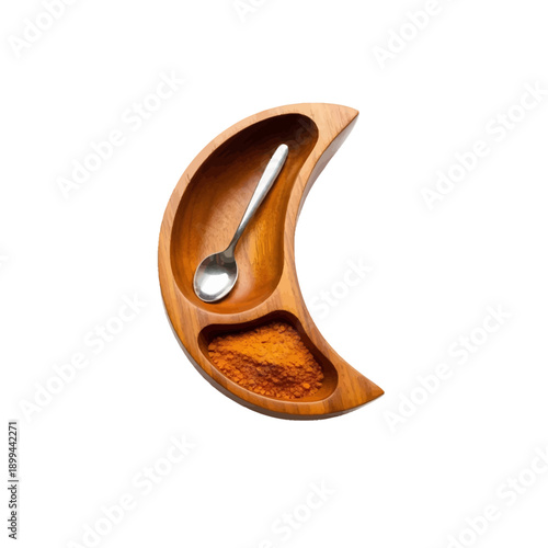 Wooden crescent serving bowl with two compartments, spoon and spice for kitchen and food presentation, isolated on white background