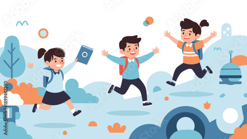 Happy group of young school children jumping and running joyfully with backpacks in an abstract park or school yard setting.