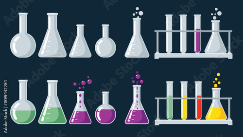 Diverse collection of glass laboratory flasks and test tubes filled with colorful chemical liquids for science and education themes.