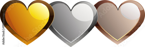 ゴールド・シルバー・ブロンズの光沢ハートが並ぶメタリックデザイン｜愛情・評価・ランキング・信頼を象徴する高級感ハートアイコンイラスト素材