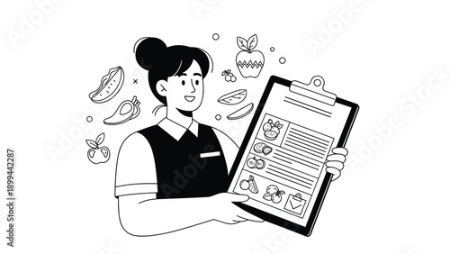 Black and white line drawing of a female nutritionist holding a clipboard with various fruit and vegetable icons around her.