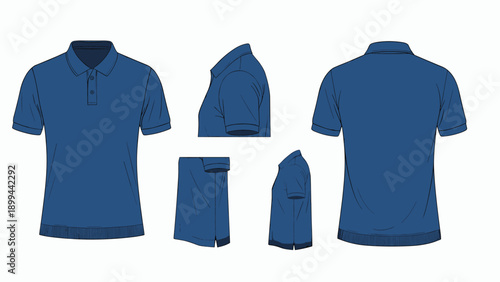 Technical flat sketch of a classic blue polo shirt for men shown from the front, back, and side views for apparel design purposes.