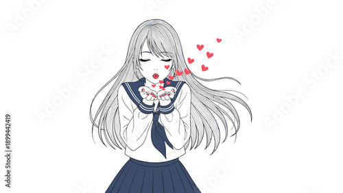 Romantic anime style illustration of a schoolgirl blowing many small pink hearts from her hands in a sweet gesture.