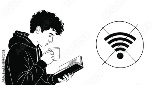 Illustration of a young man reading a book and drinking coffee next to a crossed out wifi symbol suggesting digital detox.