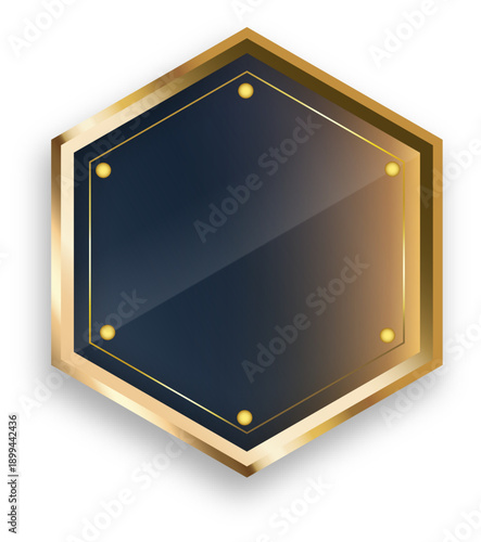ゴールド縁取りの六角形プレートフレーム素材｜高級感のあるバッジ風デザインで見出しやタイトル装飾に使えるブラック背景イラスト