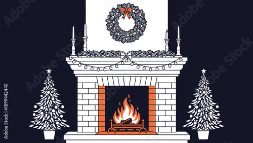 Festive christmas fireplace interior with two decorated trees, a wreath, candles, and a warm fire on a dark blue background.