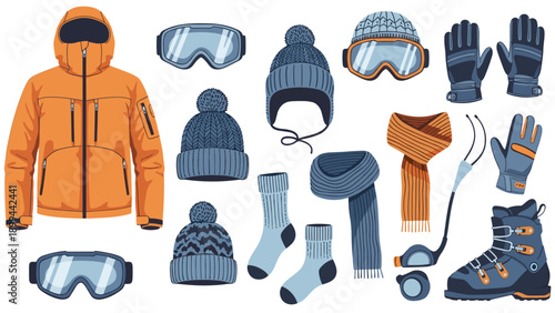 Comprehensive collection of winter clothing and sports equipment including a jacket, goggles, hats, gloves, and ski boots.