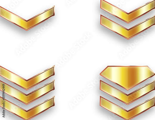 金色の光沢を持つV字型シェブロンが段階的に並ぶ階級章デザインセット、ランク表示や評価アイコンに使える高級感のある抽象ゴールドマーク素材
