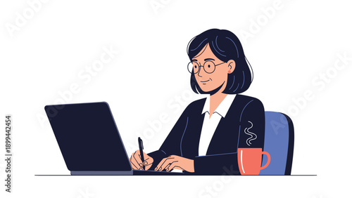 Business woman in a suit working on a laptop and taking notes with a coffee mug on the desk in a professional setting.