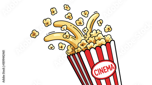 Iconic red and white striped cinema popcorn bucket with popcorn pieces flying out of it for movie and snack themes.