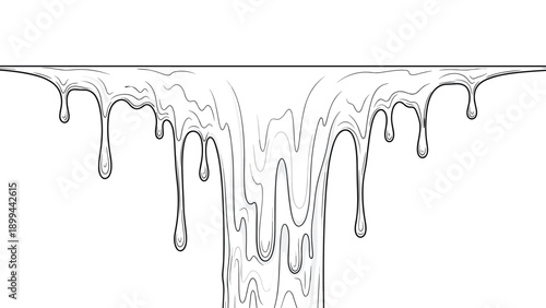 Simple line drawing of a viscous liquid dripping down from a horizontal surface, creating long drips and a central flow.