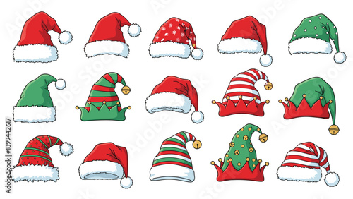 Large collection of various red and green Christmas hats including Santa hats and elf hats with patterns and bells.