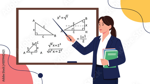 Female teacher standing in front of a whiteboard explaining complex geometry and algebra equations with a pointer and books.