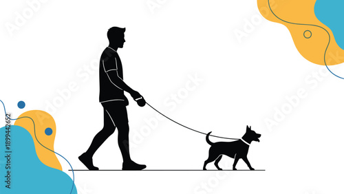 Silhouette of a man walking a dog on a leash with abstract blue and yellow shapes in the background, showing a daily routine.
