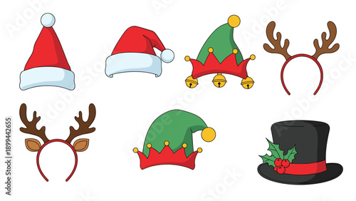 Selection of festive holiday accessories including Santa hats, elf hats, reindeer antler headbands, and a snowman top hat.