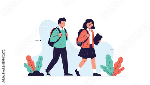 Boy and girl students wearing backpacks and school uniforms walking together while carrying a book on a clean white background.