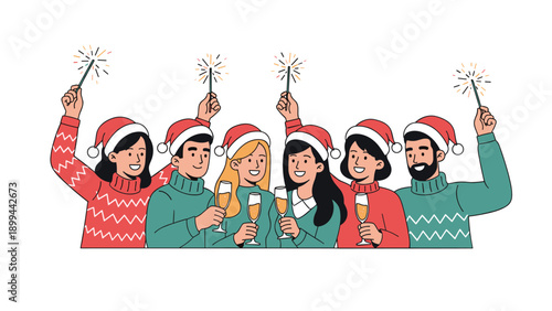 Group of friends wearing Santa hats celebrating the New Year with champagne flutes and sparklers, smiling together with joy.