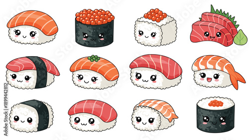 Selection of adorable kawaii sushi characters with cute faces featuring different types of fish, roe, and seaweed wraps.