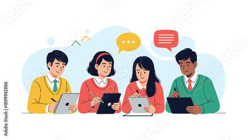 Group of diverse students sitting together at a desk and collaborating on school projects while using digital tablets and electronic pens.