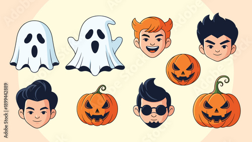 Collection of Halloween character faces including spooky ghosts, smiling boys, and carved pumpkins with various funny and scary expressions.