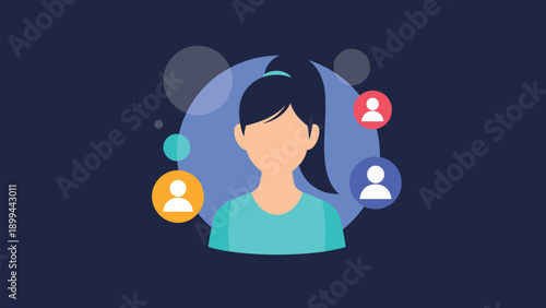 Profile avatar icon of a woman with dark hair in a ponytail surrounded by colorful social media user icons on a dark blue background.