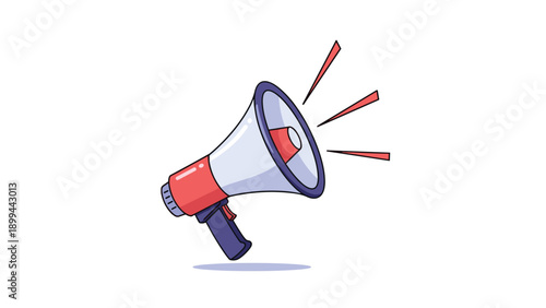 Bold vector illustration of a red and white megaphone or bullhorn projecting sound waves against a clean and minimalist white background.