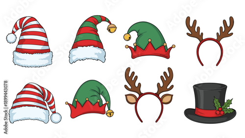 Collection of festive Christmas headwear including Santa and elf hats, reindeer antler headbands, and a top hat with holly decorations.