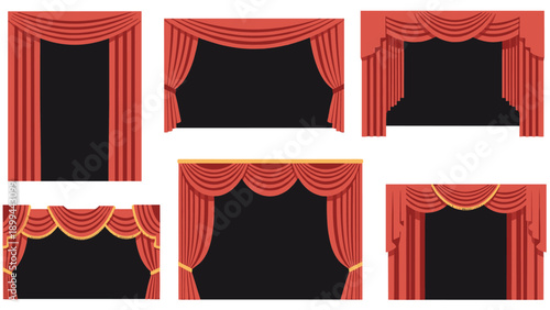 Set of diverse red theater curtain styles on black stages including elegant draped valances and traditional straight side drapes.
