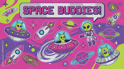 Colorful Space Buddies Illustration with Aliens and Rockets.