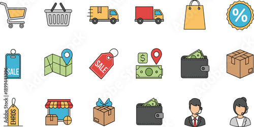 Ecommerce and Online Shopping Icon Set with Cart, Delivery, Payments, Discounts, Store, Wallet, and Retail Management Symbols for Marketplace and Business Design