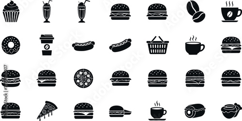 Comprehensive fast food and cafe icon set featuring burgers pizza hot dogs coffee cups milkshakes and cupcakes for restaurant menus mobile apps and branding