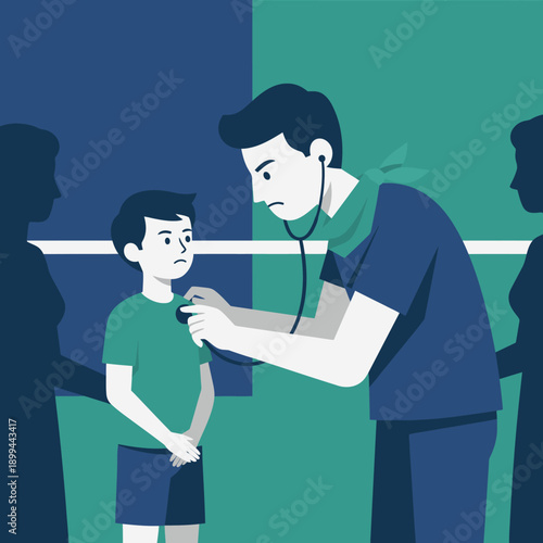 A concerned young boy undergoes a thorough medical examination by a male doctor using a stethoscope, with parents observing in the background.