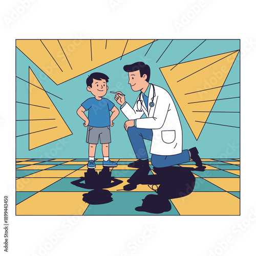 A friendly male pediatrician performs a routine medical checkup on a young boy, carefully examining his throat with a tongue depressor in a modern clinic.