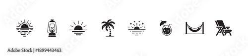 Set of black silhouette summer and vacation icons including sunsets lantern palm tree hammock and beach chair