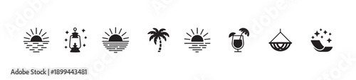 Collection of black silhouette summer and holiday icons featuring sunsets lanterns palm trees and tropical drinks