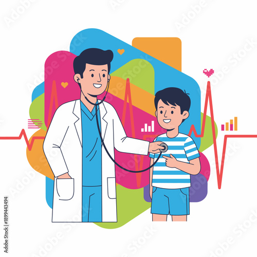 A friendly male pediatrician conducts a routine check-up on a smiling young boy, illustrating modern pediatric healthcare with a vibrant, abstract background.