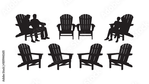 Adirondack chairs set featuring various arrangements, including couples, individuals, and empty chairs, in silhouette style