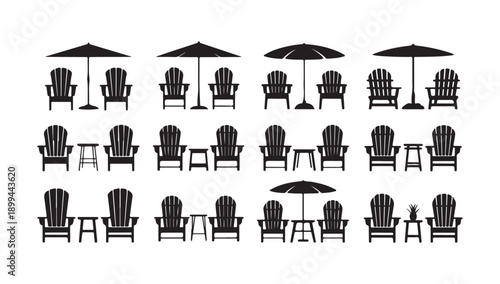 Adirondack chairs and beach umbrellas vector set perfect for summer, vacation, and outdoor relaxation designs