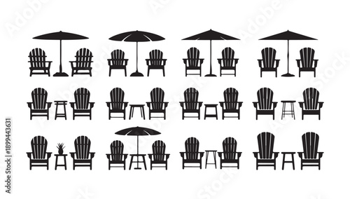 Adirondack chairs and beach umbrellas vector set with side tables for outdoor relaxation and summer concepts