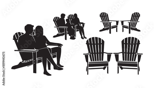Adirondack chairs with silhouette figures, including couples and groups, along with empty chair pairs, on white background