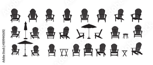 Comprehensive collection of adirondack chairs, stools, tables, and umbrellas in diverse configurations for outdoor settings