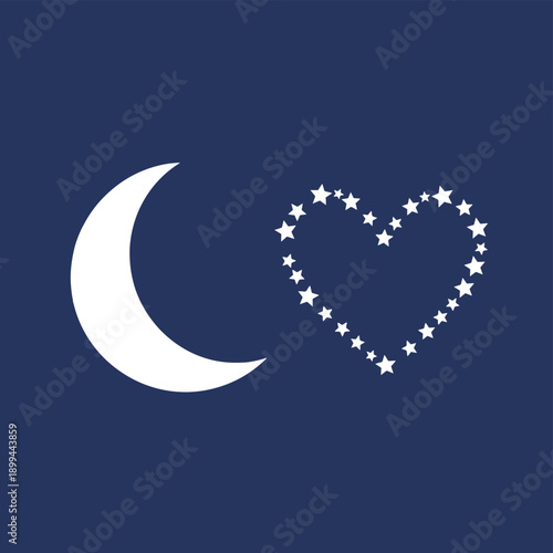 A white crescent moon shines beside a heart formed by twinkling stars, set against a dark blue background, symbolizing love under the night sky.