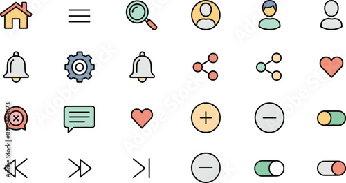 User Interface Icon Set with Navigation, Profile, Search, Notification, Media Controls, Toggles, and Action Buttons for Mobile Apps and Web Design