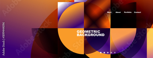 Abstract website header design. Vibrant purple, orange hues blend. Geometric shapes create modern visual impact. Navigation visible.