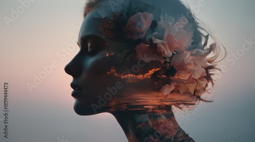 Silhouette of a woman with floral elements and sunset reflections in a serene atmosphere over water