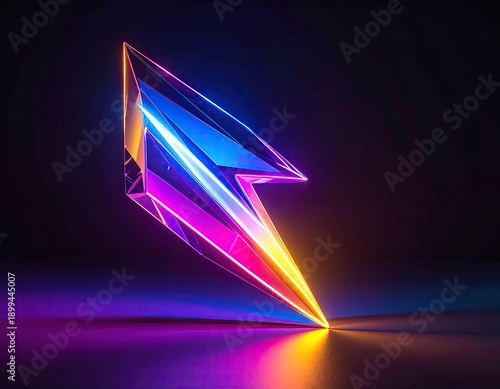 A neon arrow made of crystal with vibrant lights and reflections