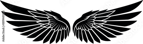 Pair of minimalist black wing silhouettes in vector format for feathered angel wings tattoo designs, majestic eagle bird icons, and spiritual flying graphic elements. (25 words)