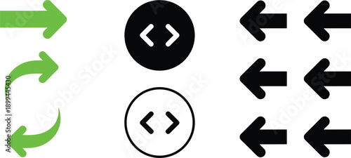 Arrow navigation icons set featuring left and right arrows circular controls and colored directional symbols for interface design