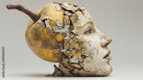 Artwork shows a human face merging with a cracked apple in a creative still life arrangement
