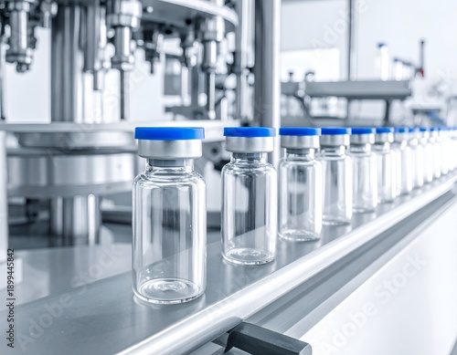 Clear glass vials with blue caps move on a production line